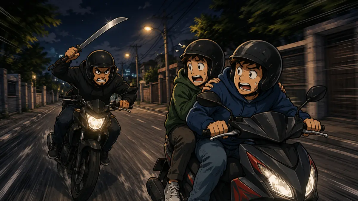 Ilustrasi aksi pembacokan ke pengendara moto. (Ai)