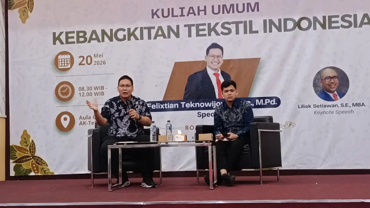 Kuliah umum bertajuk "Kebangkitan Tekstil Indonesia" di Akademi Komunitas Industri Tekstil dan Produk Tekstil (AK Tekstil), Rabu (20/5). (Alfida Nurcholisah/Radar Solo) 