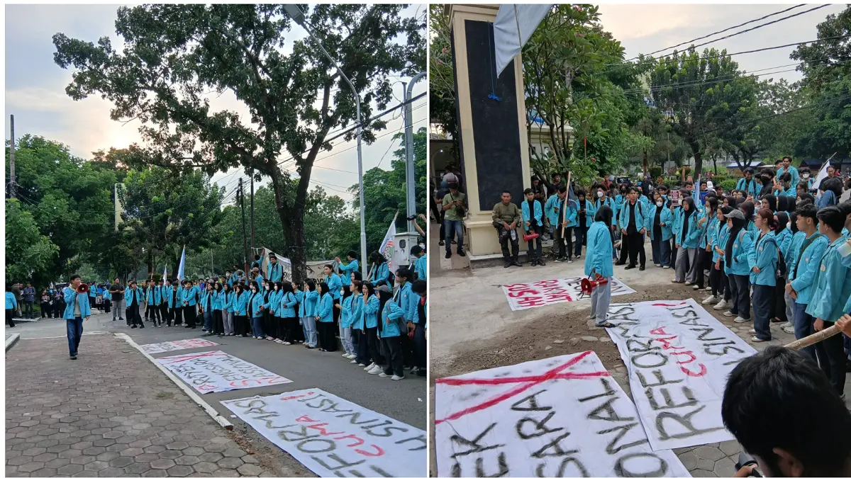 Ratusan mahasiswa yang Universitas Sebelas Maret (UNS) yang tergabung dalam Aliansi Mahasiswa UNS menggelar aksi unjuk rasa damai di depan Gedung DPRD Kota Solo, Kamis (21/5/2026). (DAMIANUS BRAM/RADAR SOLO)