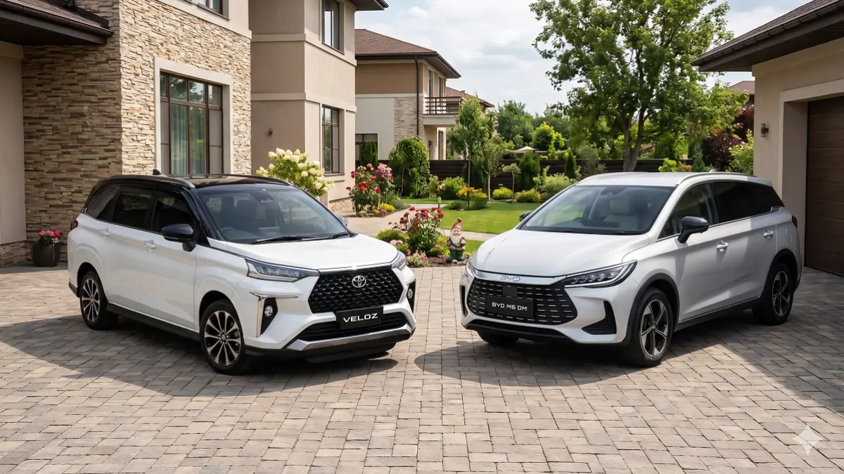 ILUSTRASI BYD M6 DM vs Toyota Veloz Hybrid, Duel MPV Hybrid Favorit dengan Karakter Berbeda (GEMINI AI)