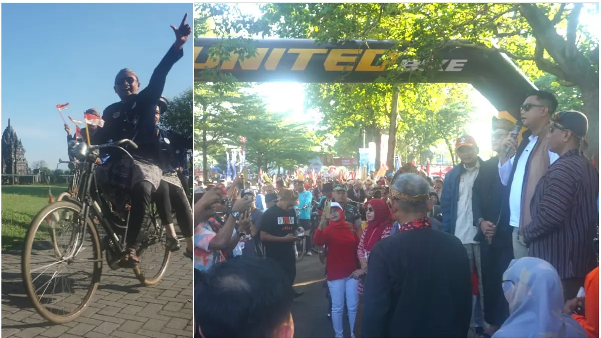 Bupati Klaten Hamenang Wajar Ismoyo melepas peserta parade sepeda kostum internasional di kawasan Candi Sewu, Kompleks Prambanan, Klaten, Minggu (24/5/2026). Foto kiri, peserta parade sepeda kostum internasional semringah. (ANGGA PURENDA/RADAR KLATEN)