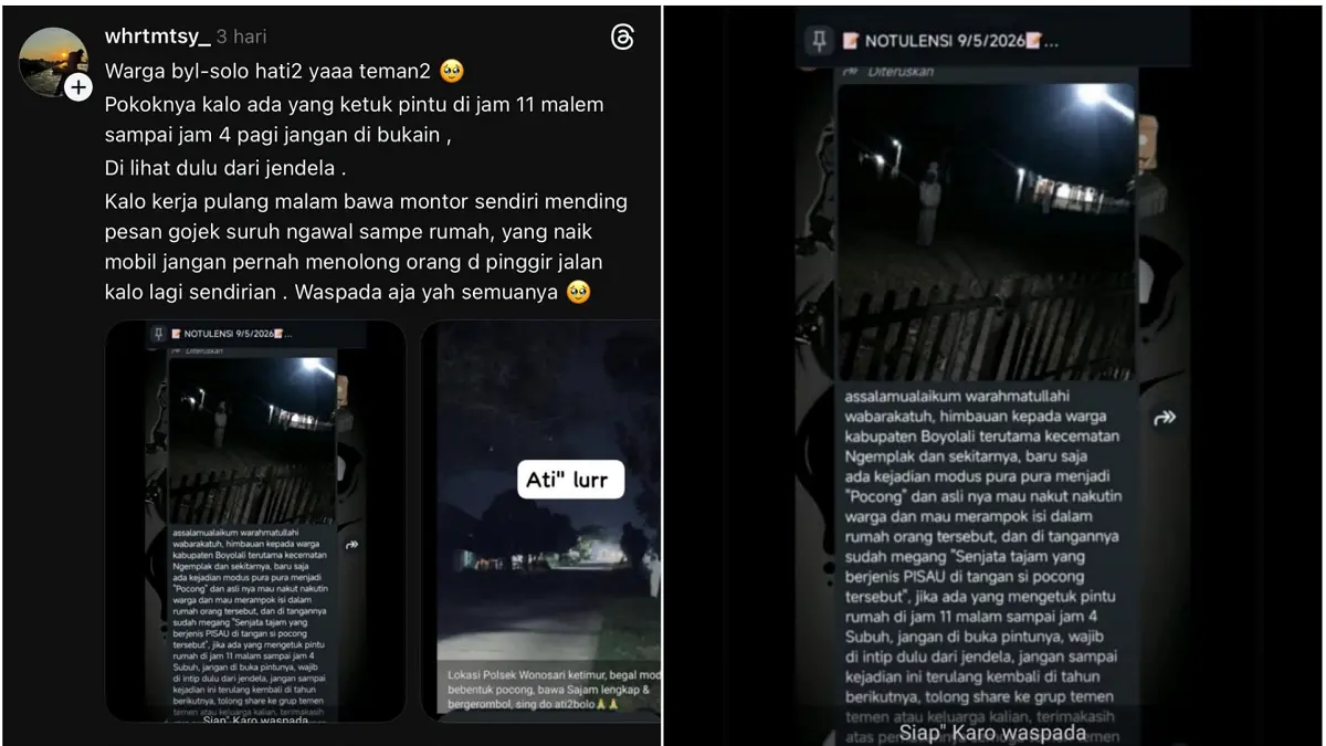 Informasi teror pocong di Ngemplak Boyolali yang cepat menyebar di media sosial. Polisi pastikan hal tersebut adalah kabar bohong. (TANGKAPAN LAYAR MEDSOS)