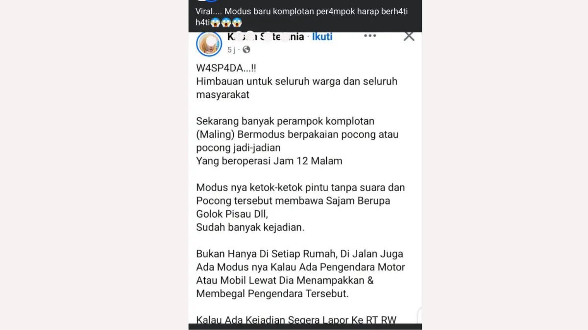 Informasi yang tidak jelas kebenarannya tentang teror pocong bawa sajam menyebar liar di media sosial. (TANGKAPAN LAYAR)