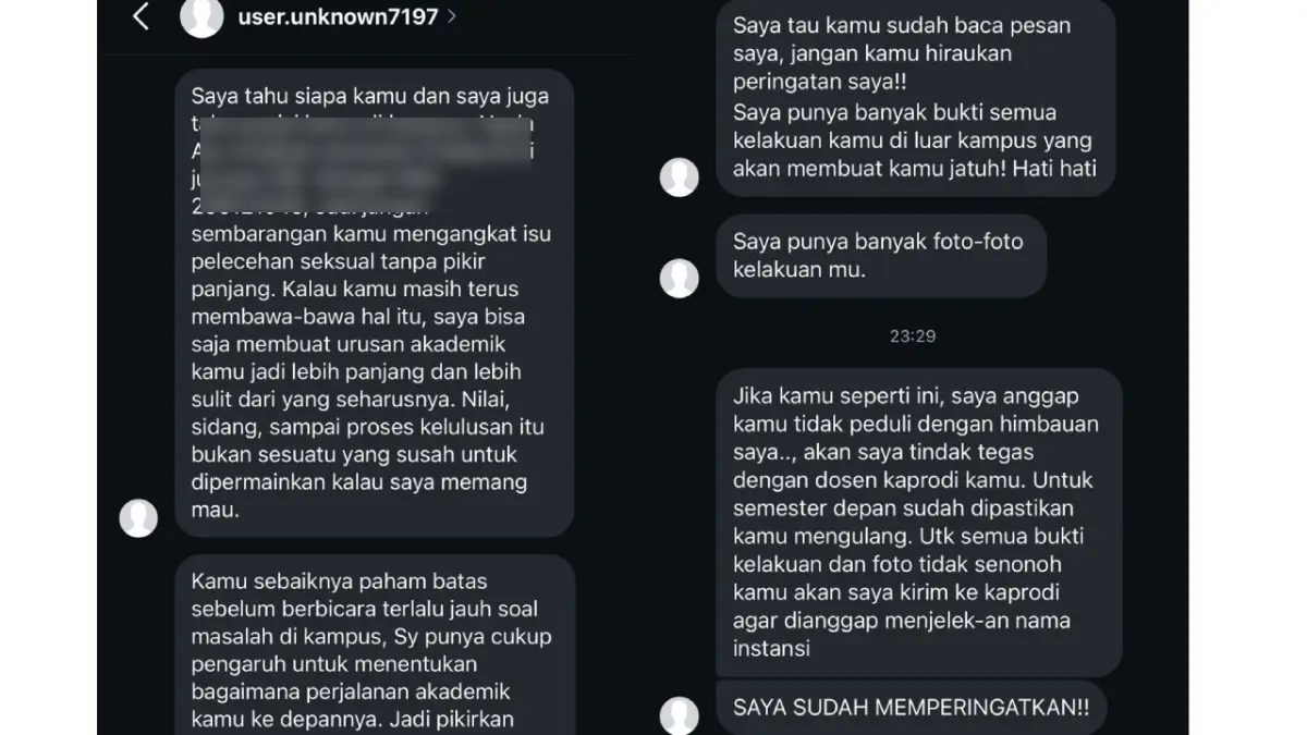 Pesan ancaman dari akun anonim ke mahasiswi UIN Raden Mas Said Solo.
