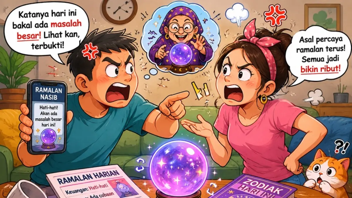 Ilustrasi pasangan Temon dan Sipon bertengkar gara-gara terlalu percaya ramalan nasib. (AI GENERATED)
