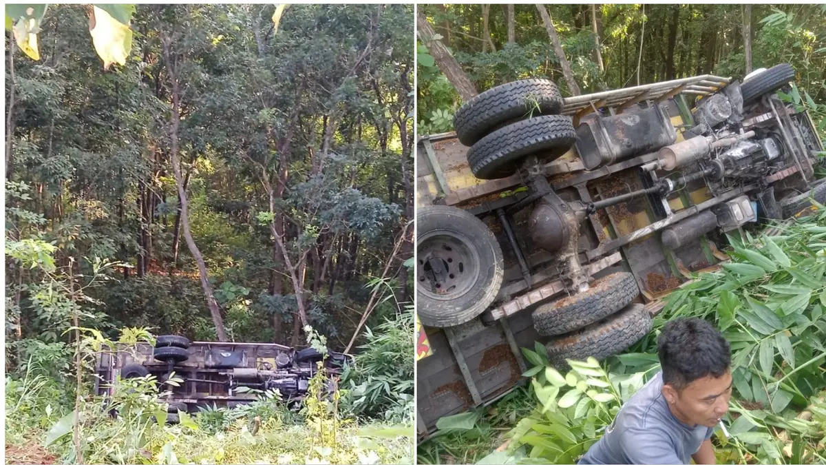Truk yang terjun ke jurang di ruas Jalan Ampel–Karanggede, tepatnya di kawasan Dukuh Sumberejo, Desa Candirejo, Kecamatan Ampel, Kabupaten Boyolali, Sabtu (30/5/2026). (ISTIMEWA)