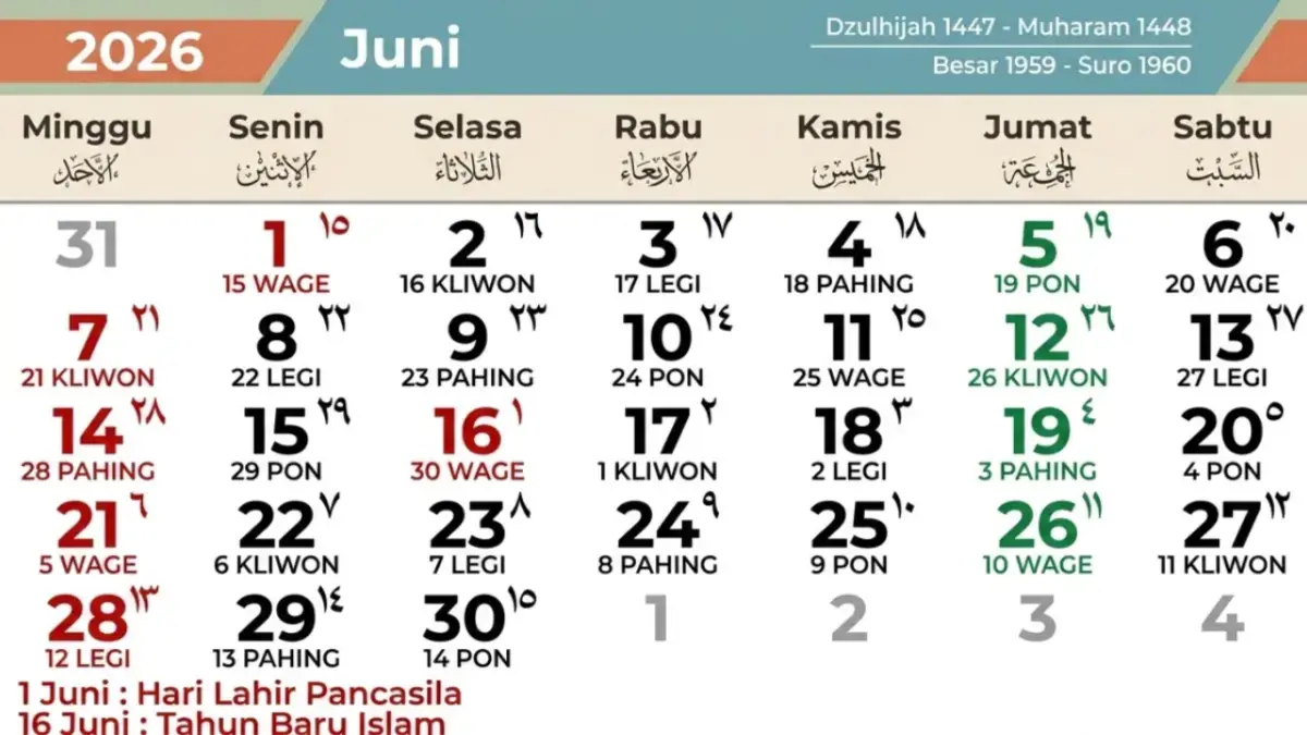 Kalender Juni 2026. 