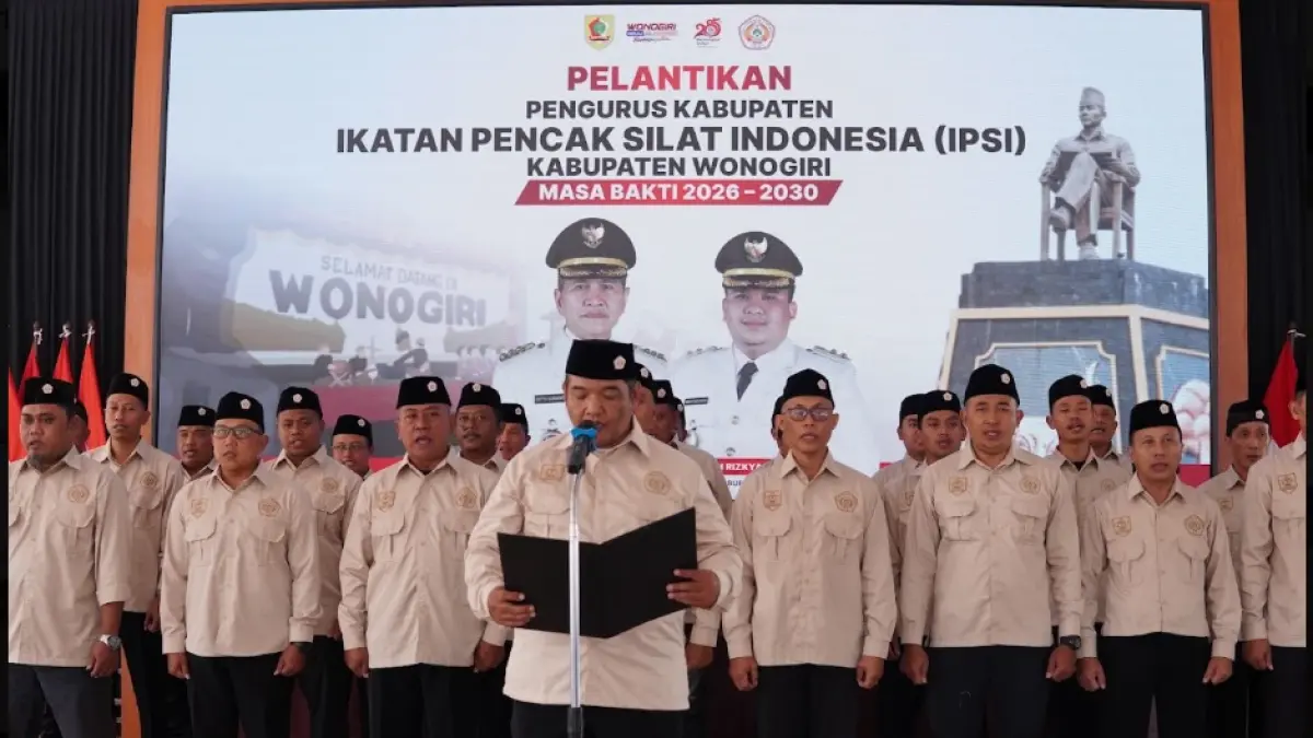 Pelantikan Pengurus Kabupaten Ikatan Pencak Silat Indonesia (IPSI) Wonogiri masa bakti 2026-2030 di Pendapa Rumah Dinas Bupati Wonogiri, Minggu (31/5/2026). (IWAN ADI/RADAR SOLO)