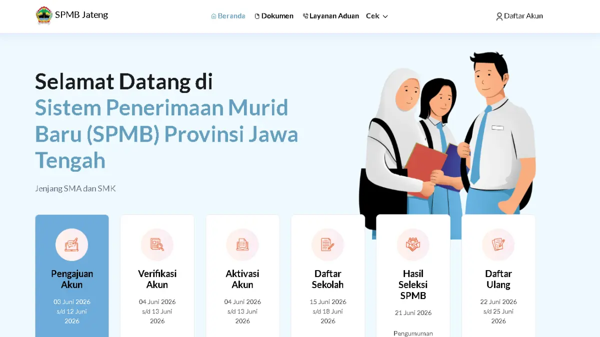 Link Pembuatan Akun SPMB Jateng 2026 Dibuka 3 Juni, Simak Panduan Lengkap dan Daftar Dokumen (Tangkapan Layar https://spmb.jatengprov.go.id)