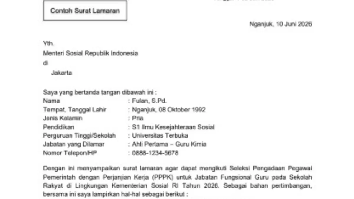 Contoh surat lamaran daftar PPPK Guru Sekolah Rakyat 2026.