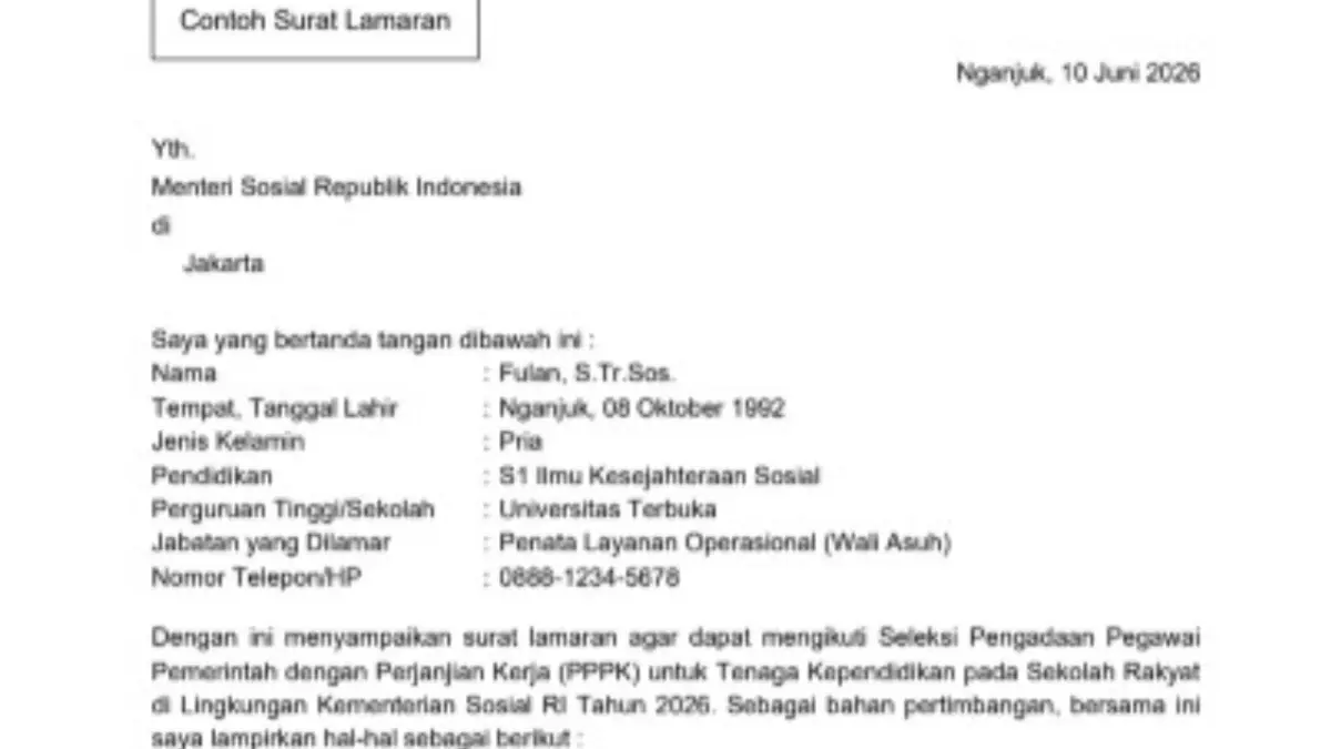Contoh surat lamaran PPPK Tendik Sekolah Rakyat 2026.