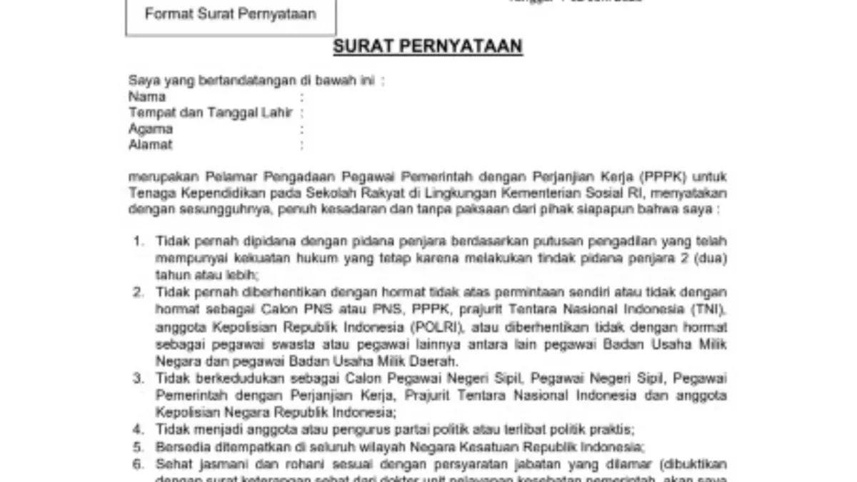 Contoh surat pernyataan pendaftaran seleksi PPPK Tendik Sekolah Rakyat 2026.