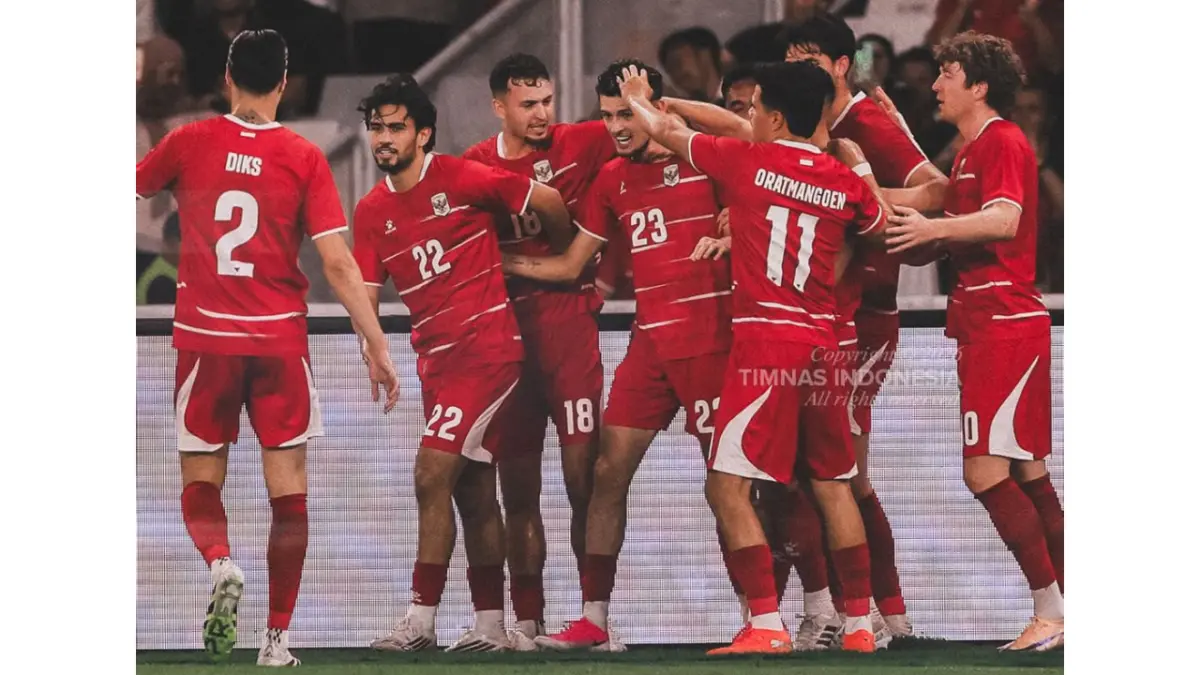 Sundulan dari Justin Hubner membuka keunggulan bagi skuad Garuda melawan Oman, Jumat (5/6/2026).