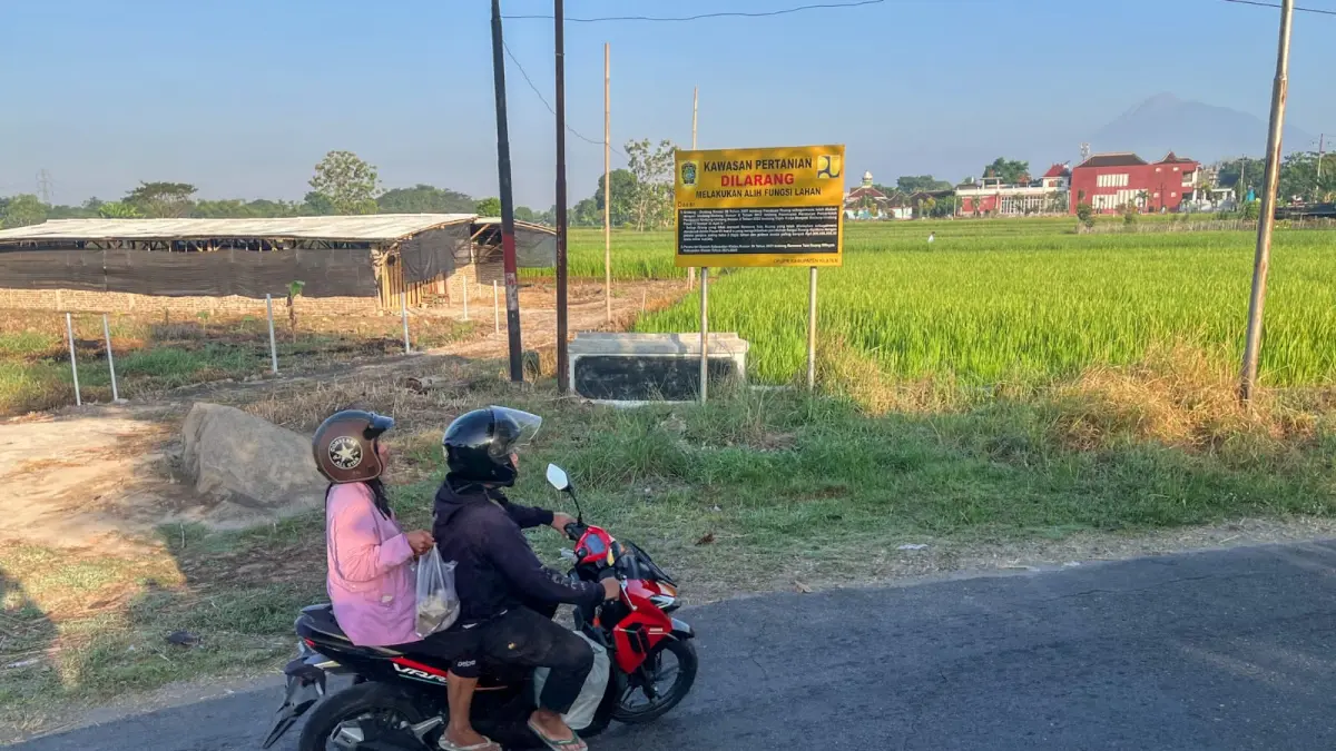 Papan larangan ahli fungsi lahan di wilayah Desa Glagahwangi, Kecamatan Polanharjo, Klaten (M IHSAN/RADAR SOLO)