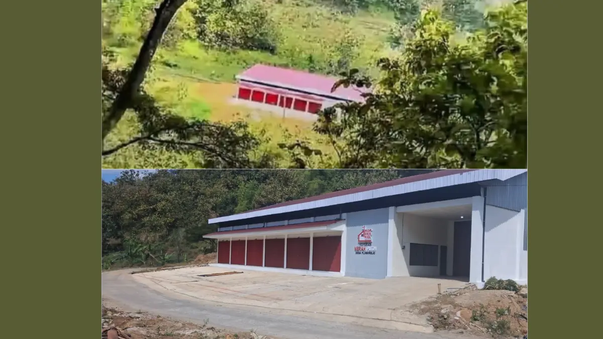 Foto atas, tangkapan layar gedung KDKMP Desa Plosorejo, Kismantoro, Wonogiri yang viral di media massa karena dinarasikan berada di tengah hutan. Foto bawah, angle berbeda dari gedung KDKMP yang sama. (ISTIMEWA)