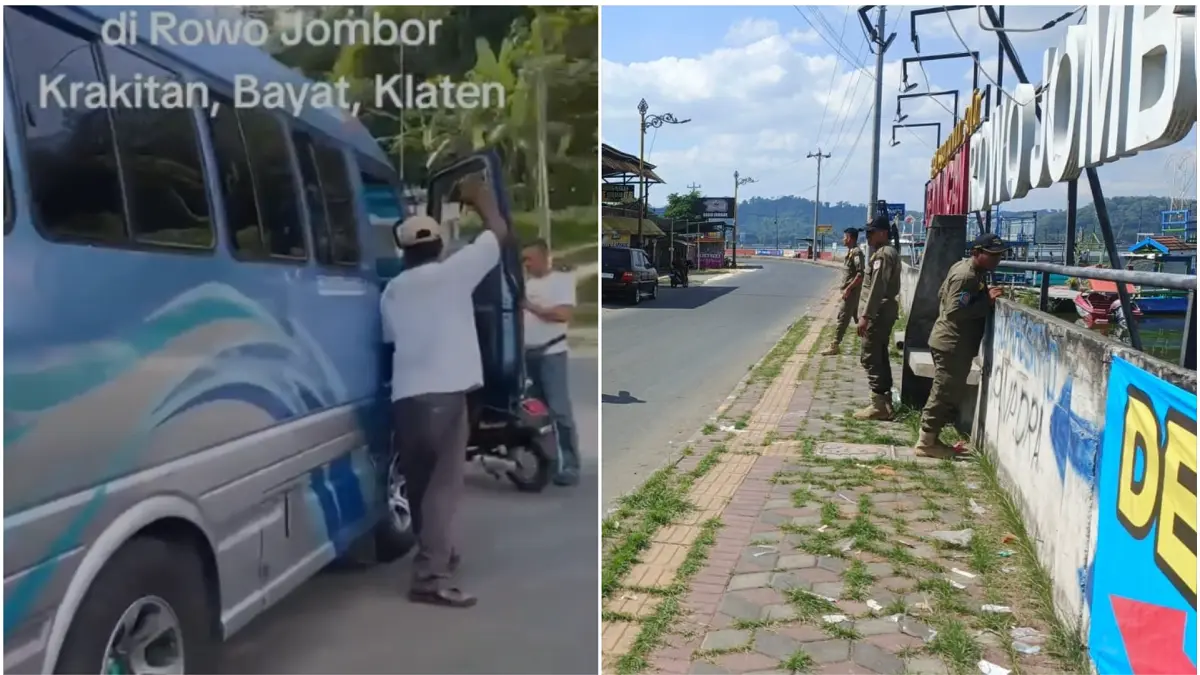 Mobil elf yang digunakan untuk mengangkut rombongan yang diduga pengemis kemudian diturunkan di kawasan wisata Rowo Jombor Klaten. Foto kanan, personel Satpol PP Damkar Klaten menggelar razia penertiban di lokasi yang sama. (TANGKAPAN LAYAR-ANGGA PURENDA/RADAR SOLO)