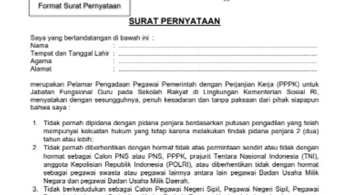 Surat pernyataan 10 poin Seleksi PPPK Guru Sekolah Rakyat 2026.
