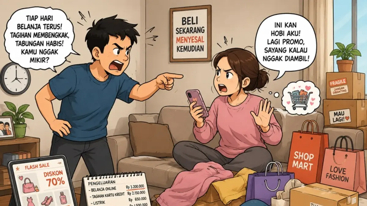 Ilustarsi cek cok dalam rumah tangga gara-gara kecanduan belanja online. (AI GENERATED)
