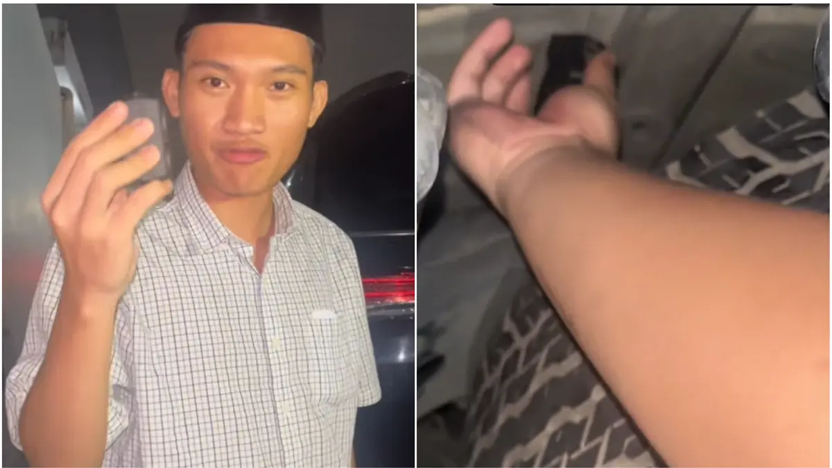 Mantan Ketua Badan Eksekutif Mahasiswa (BEM) Universitas Gadjah Mada (UGM) Tiyo Ardianto menunjukkan alat pelacak PBX Finder. Foto kanan, Tiyo saat mengambil PBX Finder yang diduga dipasang orang tak dikenal. (TANGKAPAN LAYAR MEDSOS)