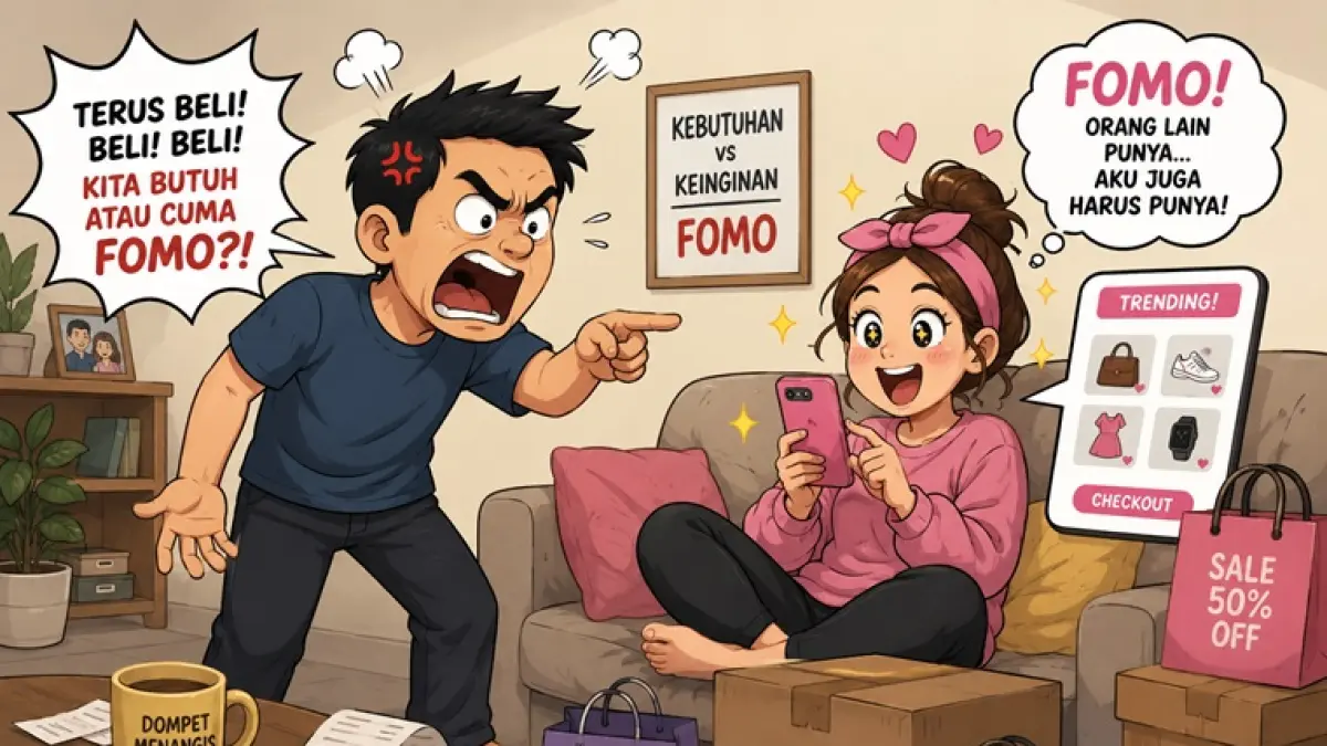 Ilustrasi Temon mencak-mencak gara-gara istrinya, Sipon terlalu FOMO. (AI GENERATED)