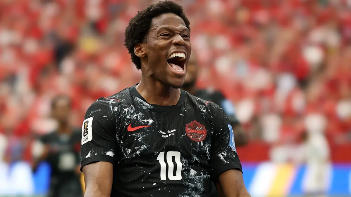 Penyerang timnas Kanada, Jonathan David, merayakan gol pada pertandingan Grup B Piala Dunia 2026 Kanada vs Qatar yang bergulir di Vancouver, British Colombia, pada Jumat (19/6/2026) (Instagram/@FIFA)