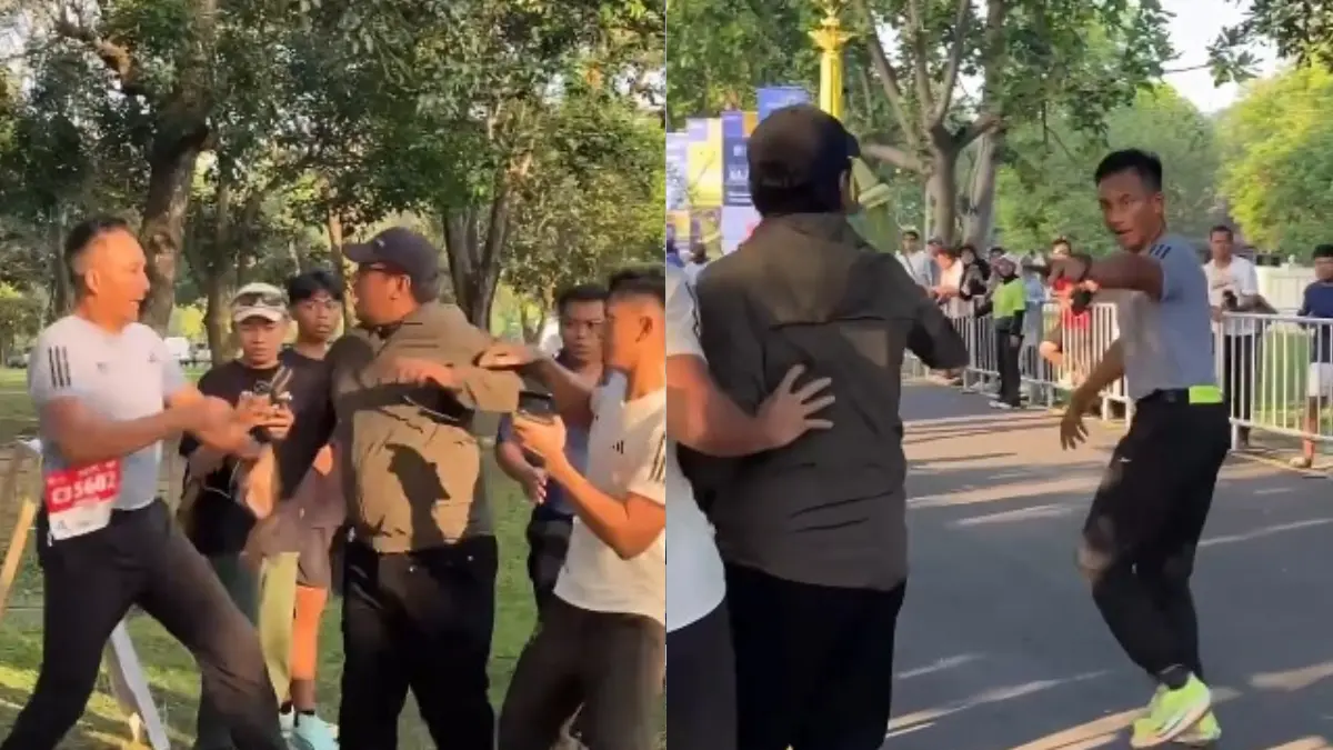 Detik-detik saat peserta Mandiri Jogja Marathon 2026 yang diduga Jenderal TNI marah dan ancam marshal yang melarang ajudan tanpa Bib. (Threads)