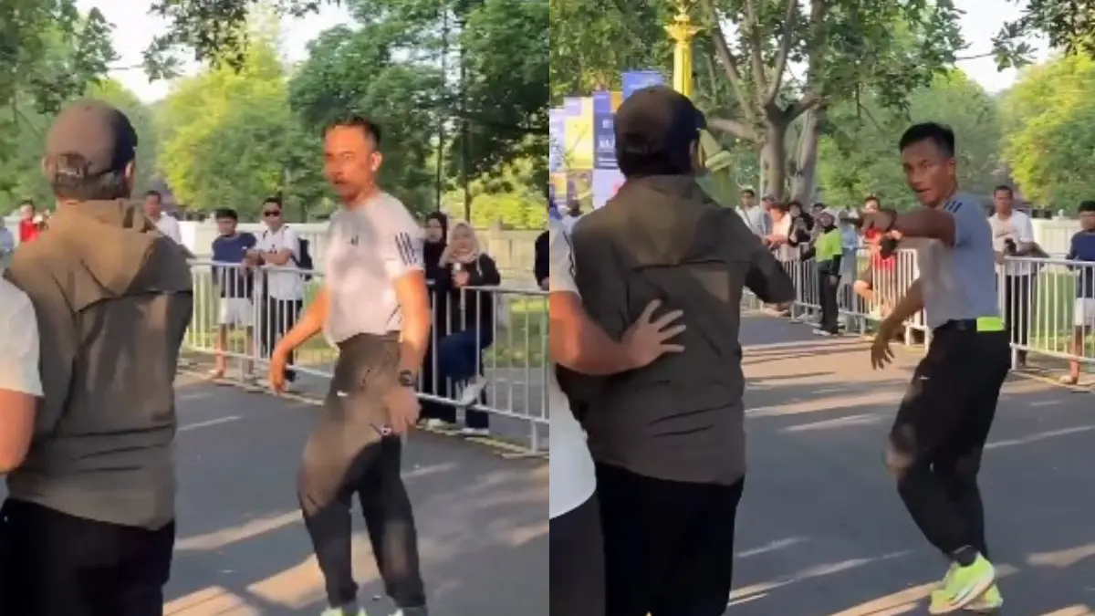 Sosok diduga Danrem 072/Pamungkas saat lontarkan kalimat bernada ancaman ke marshal di Mandiri Jogja Marathon 2026. (Threads)
