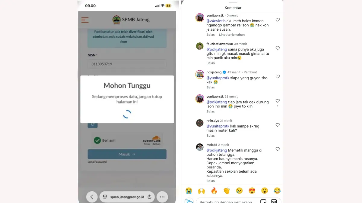 Tangkapan layar warganet kesulitan mengakses link pengumuman SPMB SMA/SMK Negeri di Jateng. Foto kanan, komentar warganet di akun resmi Disdik Jateng @pdkjateng. (RADAR SOLO)