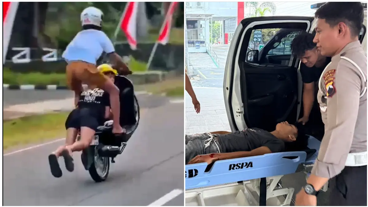 Dua remaja mengemudikan motor dengan cara tak wajar di Kompleks Pemkab Boyolali, Minggu (21/6/2026), Foto kanan, salah satu remaja terkapar setelah motor menabrak mobil parkir. (DOK.SATLANTAS POLRES BOYOLALI)