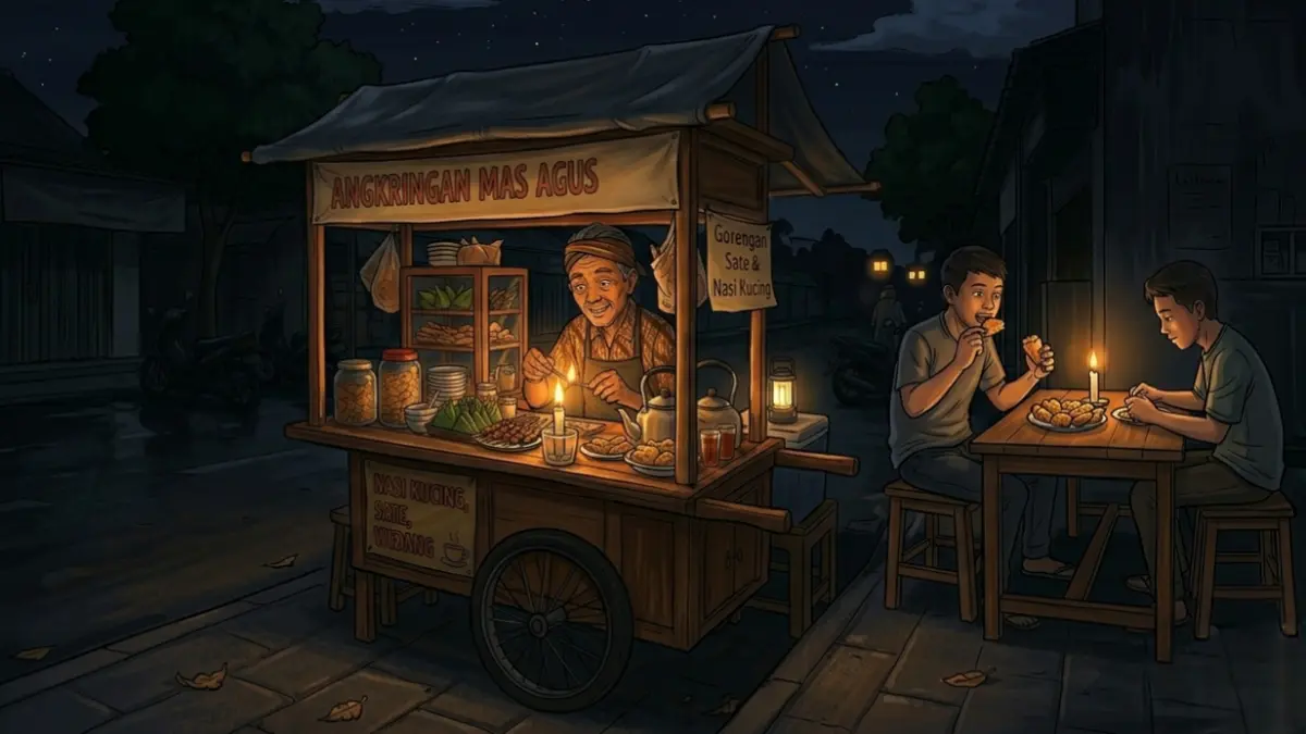 Ilustrasi sebuah angkringan tetap buka walau dengan bantuan lilin, karena dalam situasi adanya pemadaman listrik oleh PLN. (Ai) 