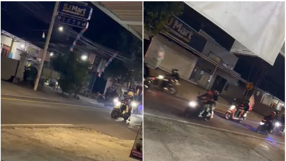Konvoi pesilat melintasi kawasan RS PKU Aisyiyah Boyolali, Jumat (19/6/2026) malam hingga Sabtu (20/6/2026) dini hari. (TANGKAPAN LAYAR VIDEO WARGA)