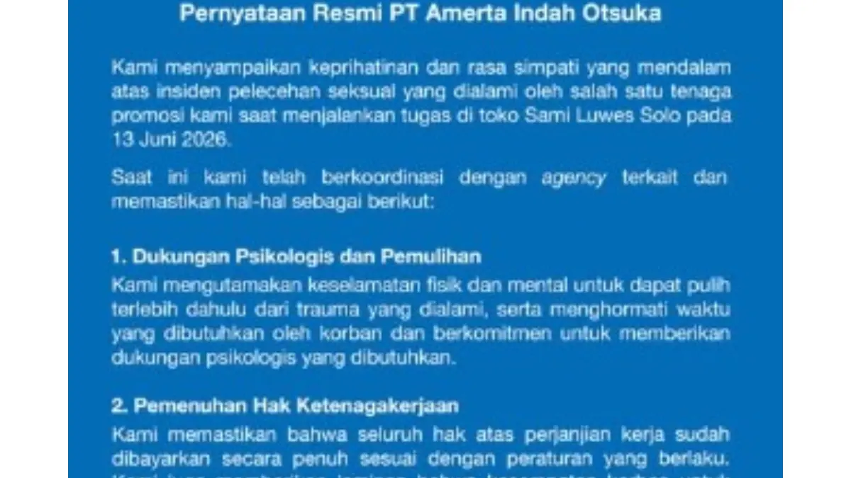 Pernyataan resmi PT Amerta Indah Otsuka terkait kasus viral pelecehan SPG di Solo oleh oknum guru PPPK.
