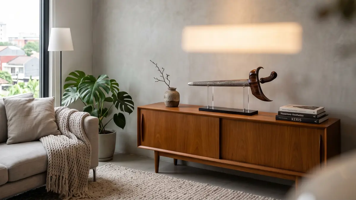 Desain interior ruangan minimalis yang menempatkan keris di atas credenza kayu jati menggunakan stand akrilik minimalis. (AI GENERATED/GEMINI)