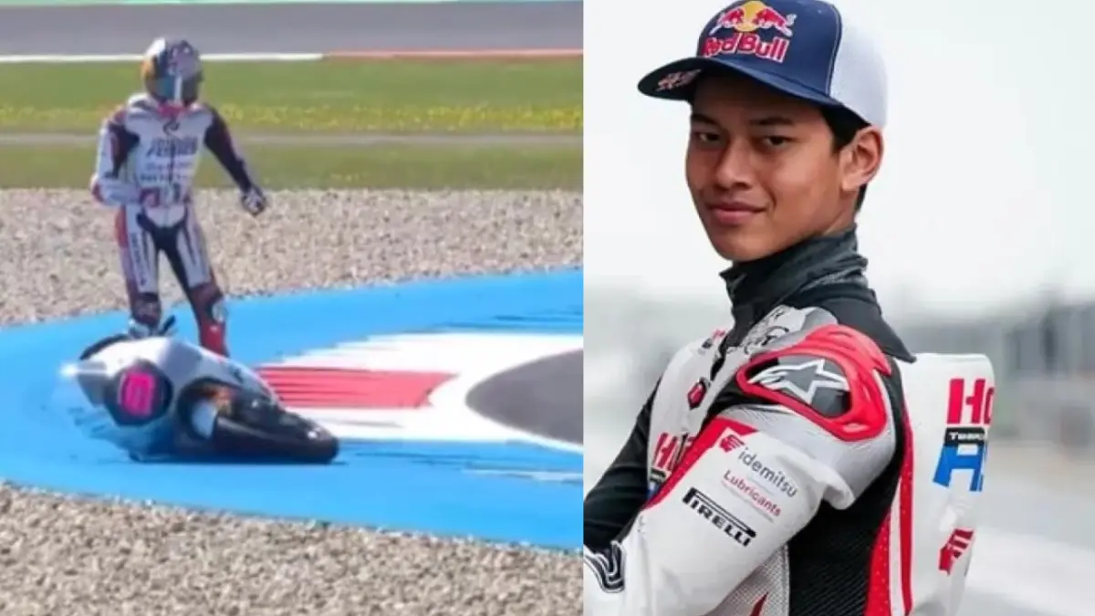 Veda Ega Pratama saat crash di Sirkuit Assen Moto3 Belanda 2026.