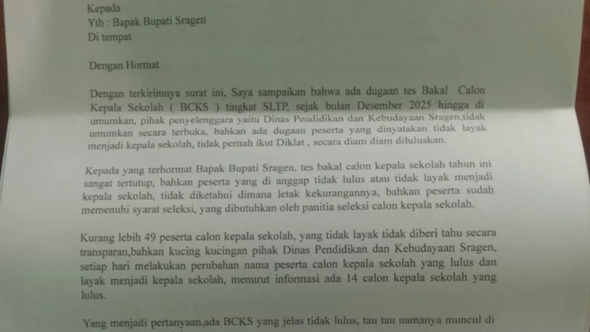 Surat kaleng untuk bupati Sragen terkait seleksi bakal calon kepala sekolah. (Ahmad Khairudin/Radar Solo) 