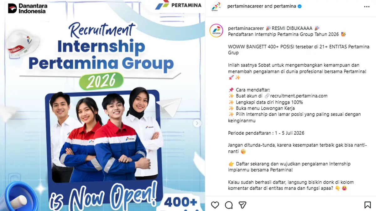 Pertamina membuka lowongan magang untuk fresh graduate di 21 entitas dengan lebih dari 400 posisi yang dapat didaftarkan sampai 5 Juli 2026. Recruitment Pertamina. Lowongan magang Pertamina. Cara daftar recruitment Pertamina.(Instagram @pertaminacareer)