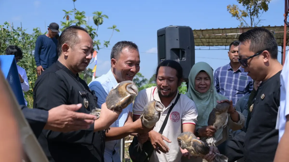 Bupati Karanganyar Rober Christanto bersama Wabup Adhe Eliana melepas burung hantu di lahan pertanian Desa Bangsri, Kecamatan Karangpandan, Kamis (2/7/2026). (Rudi Hartono/Radar Solo)