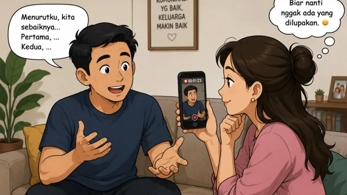 Ilustrasi Sipon merekam percakapan Temon saat diskusi dalam rumah tangga. (AI GENERATED)