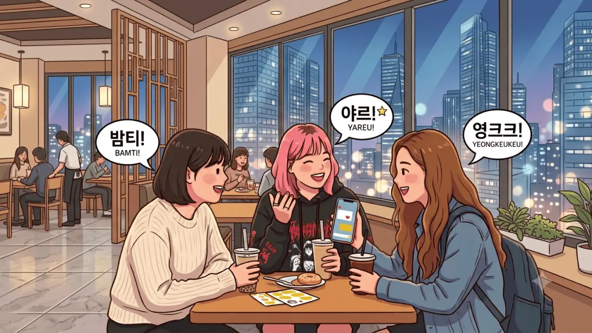 Ilustrasi percakapan remaja Korea menggunakan tiga slang yang tengah viral di media sosial (AI Generated)