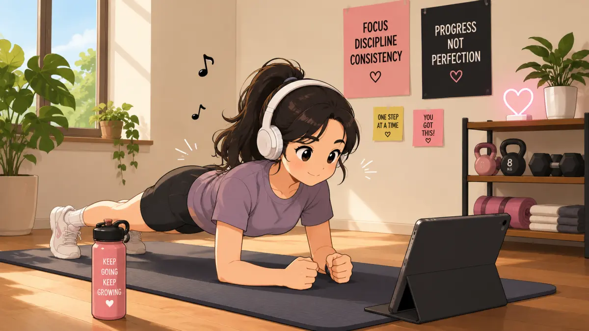 Ilustrasi seorang perempuan melakukan workout di rumah sambil mendengarkan musik melalui headphone (AI Generate)