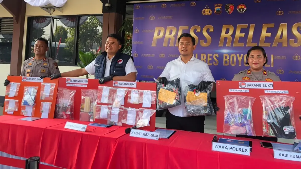 Polres Boyolali menggelar konferensi pers pengungkapan kasus penyalahgunaan narkotika di mapolres setempat, Senin (6/7/2026). (ABDUL KHOFID/RADAR SOLO)