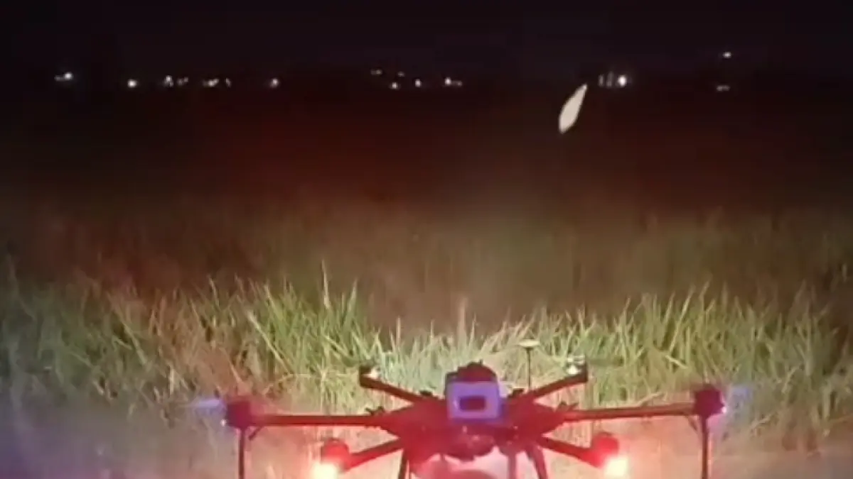 Drone sprayer milik Distankan Sukoharjo diterbangkan untuk basmi hama ulat grayak yang menyerang tanaman padi di lahan pertanian milik Kelompok Tani Cipto Hasil, Desa Pandeyan, Kecamatan Grogol, Senin malam (6/7). (IWAN KAWUL/RADAR SOLO) 