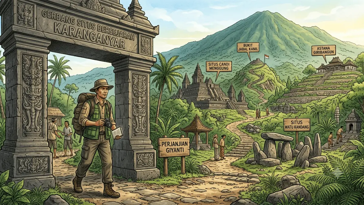 Ilustrasi Arkeolog yang Sedang Menyusuri Situs Bersejarah di Karanganyar (Sumber: AI Generated)