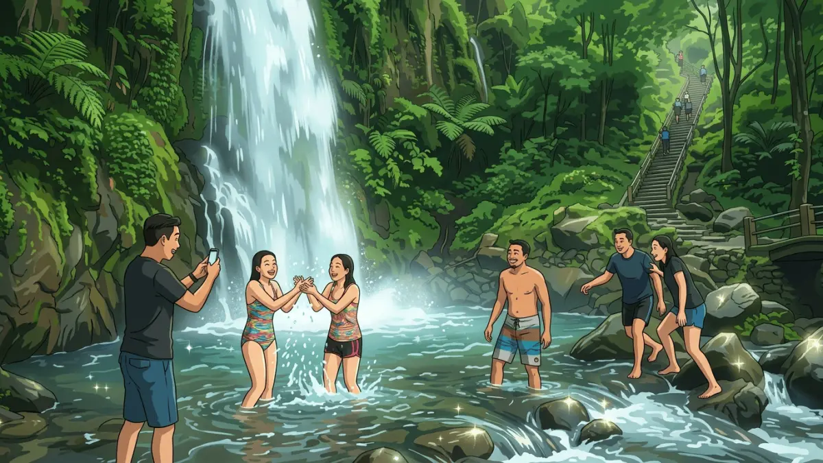 Ilustrasi Wisatawan yang Sedang Berfoto-foto di Air Terjun (Gemini Generated)