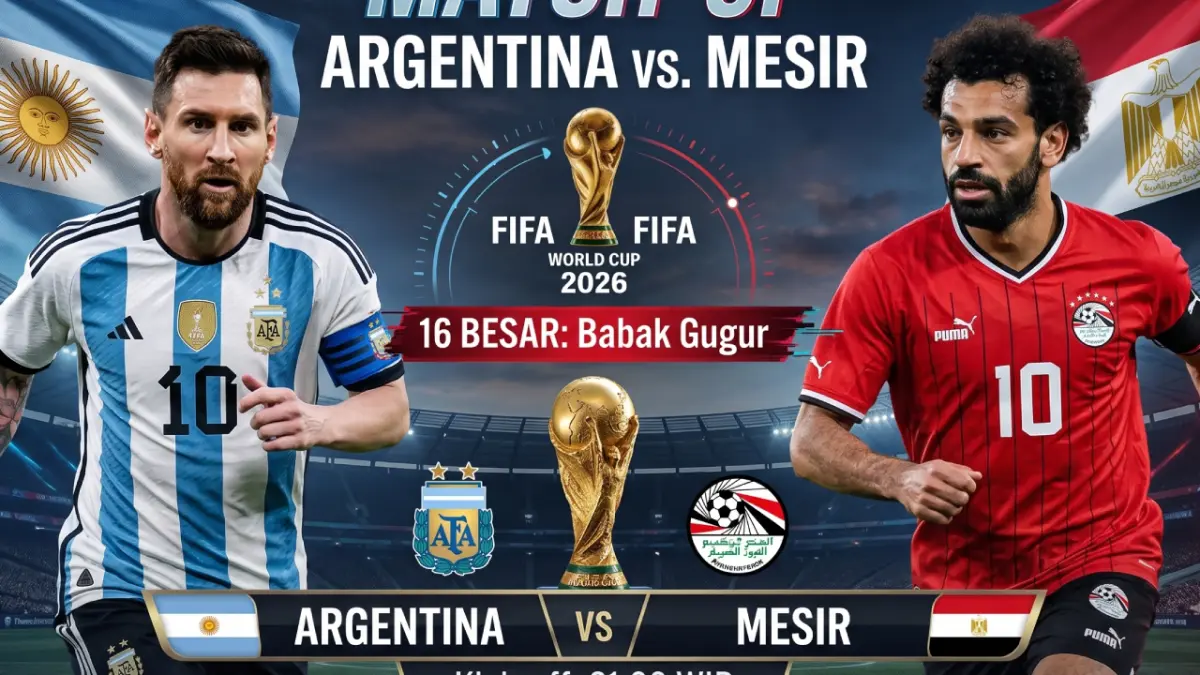 Laga Argentina vs Mesir di babak 16 besar Piala Dunia Selasa (7/7/2026) malam pukul 23.00.