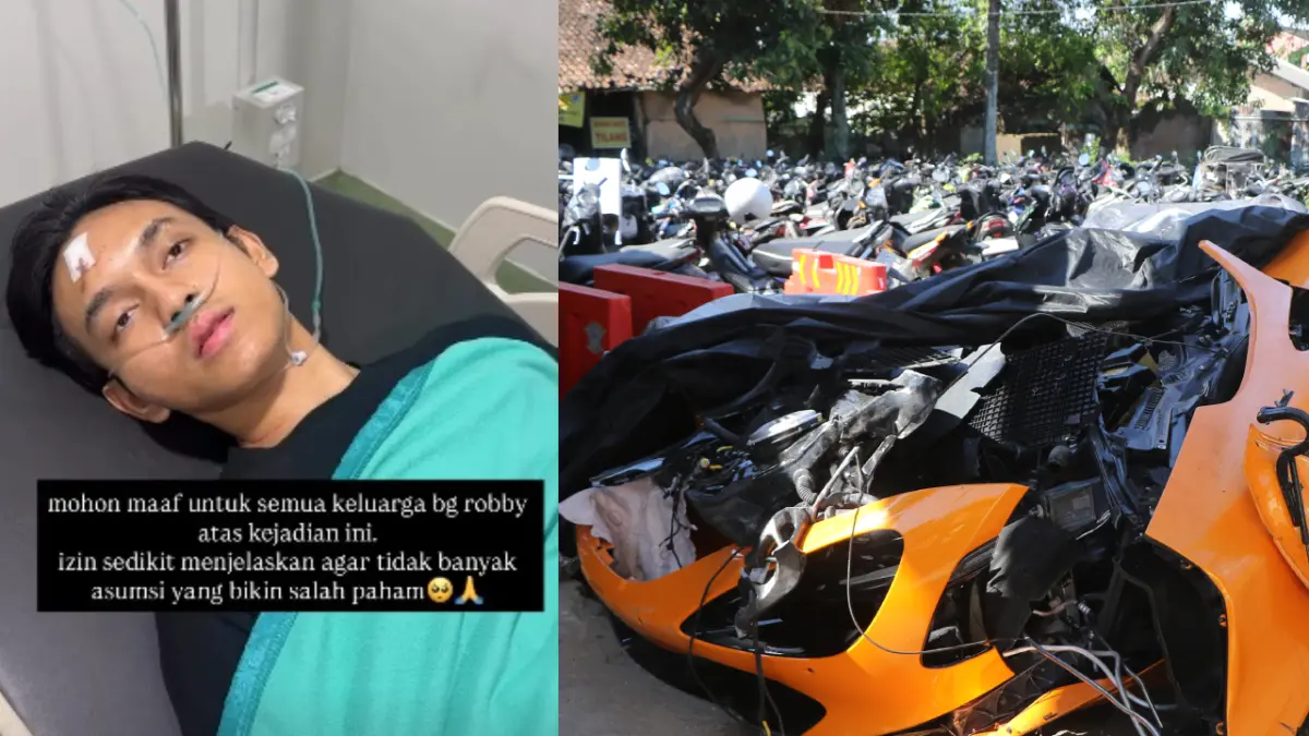 YouTuber Andra ST dan supercar McLaren 720S miliknya yang terbelah usai kecelakaan di Sukoharjo. (Instagram @andrastyt_, ARIEF BUDIMAN/RADARSOLO)