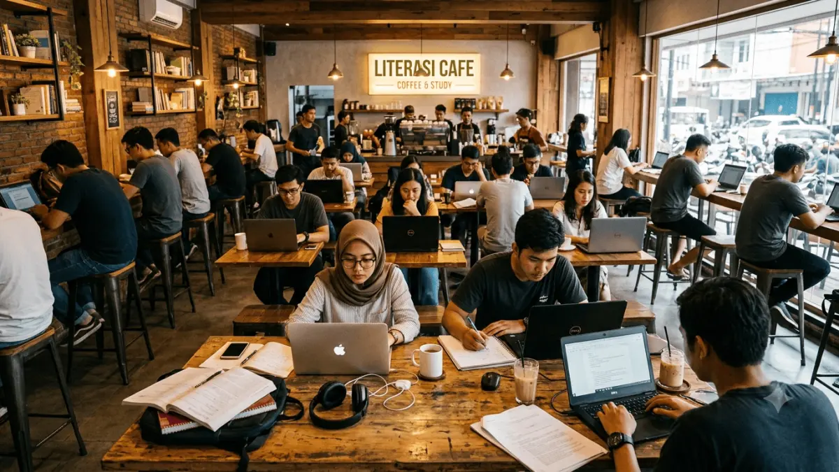 Ilustrasi Kafe yang Dipenuhi Mahasiswa Nugas. (AI Generated)