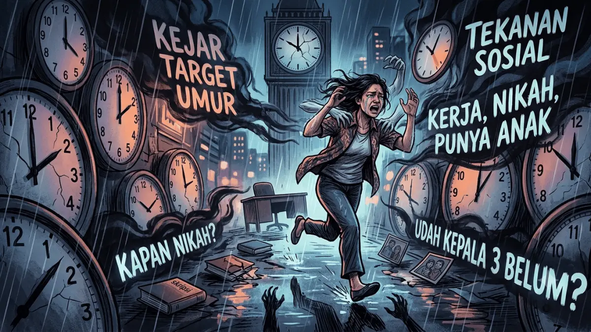Ilustrasi Seseorang yang Dikejar-kejar oleh Timeline di Masyarakat. (AI Generated)