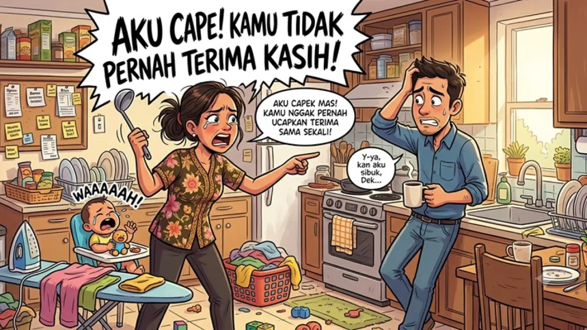 Ilustrasi Sipon kesal gara-gara suaminya, Temon tidak pernah berterima kasih dan menghargai usahanya sebagai ibu rumah tangga. (AI GENERATED) 