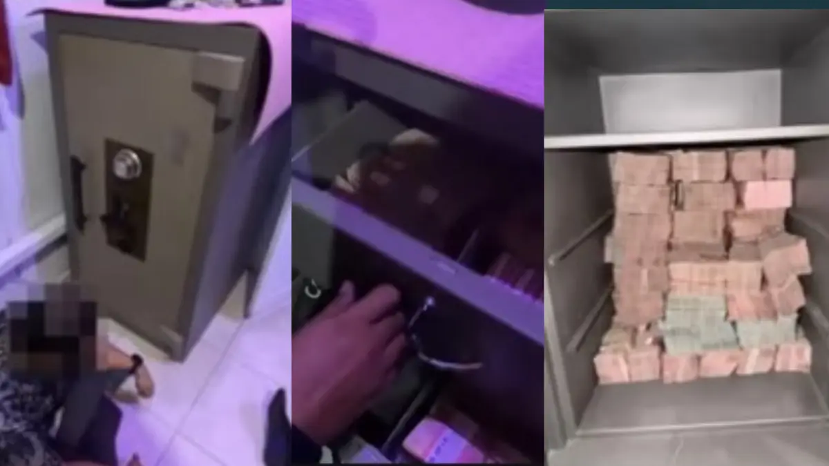 Penampakan brankas milik Bupati Sukoharjo Etik Suryani di Wonogiri (kiri dan tengah), serta isi brankas yang disimpan di Laweyan, Solo (kanan). (YouTube KPK)